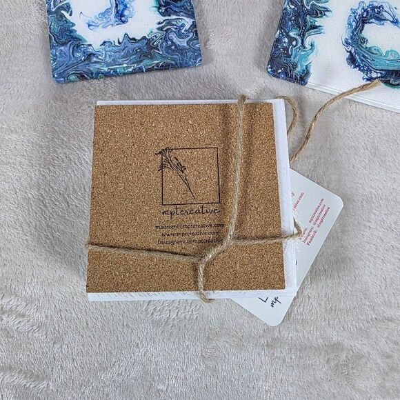 Original Pour Paint Set 4 Ceramic Coasters Hand Poured Wave Painting Blue White - Picture 6 of 7